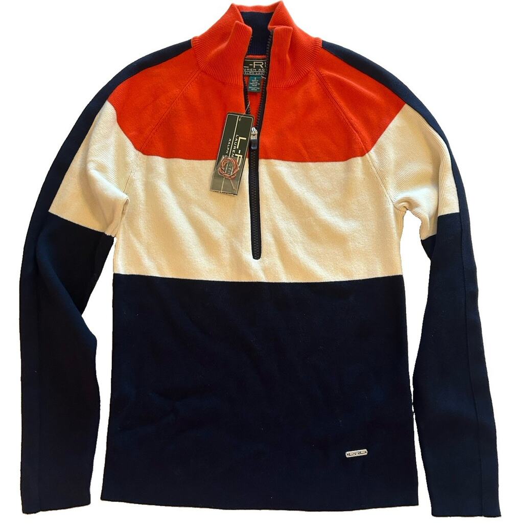 NWT Ralph Lauren L-RL Women Sz Small Orange Navy Colorblock Half Zip Sweater Top